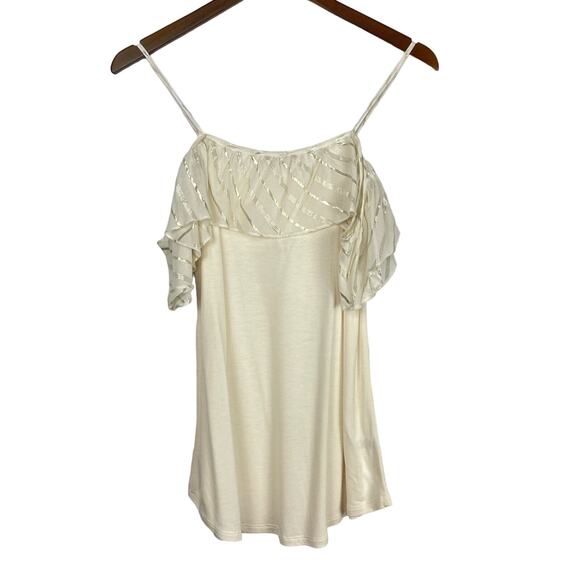 LOFT | NWT Cream & Metallic Gold Stripe Ruffle Accent Cold Shoulder Knit Shirt - Picture 5 of 11